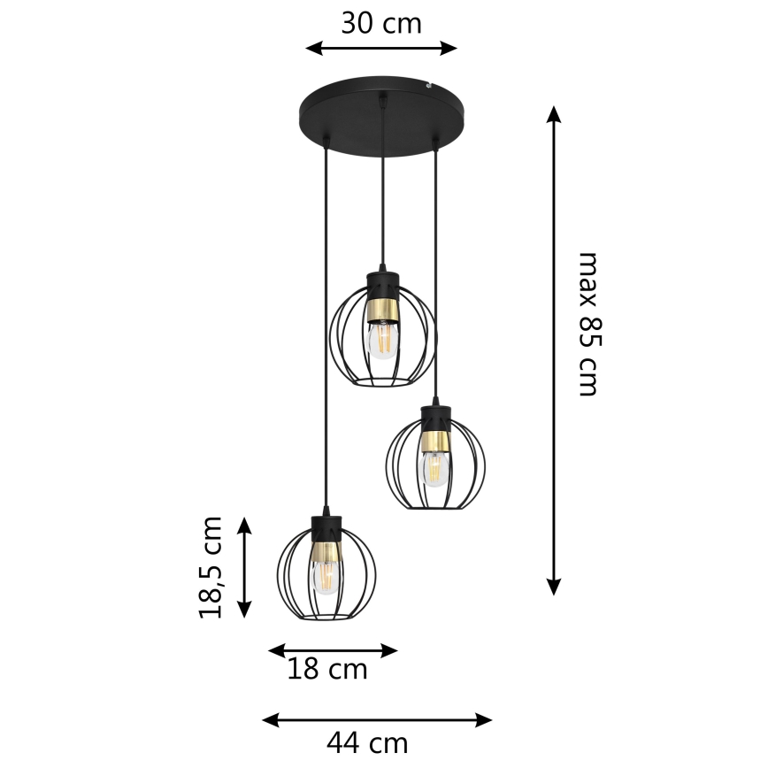 Hängeleuchte an Schnur STARLIGHT 3xE27/15W/230V schwarz/golden