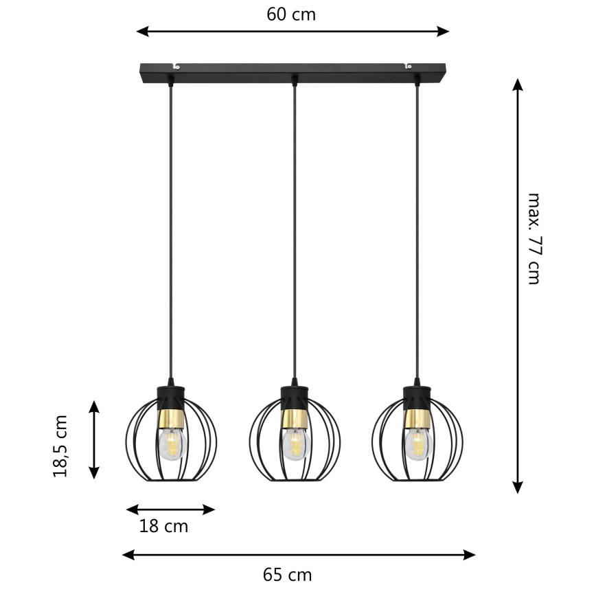 Hängeleuchte an Schnur STARLIGHT 3xE27/15W/230V schwarz/golden