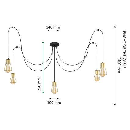 Hängeleuchte an Schnur TUBE LONG 5xE27/15W/230V schwarz/golden