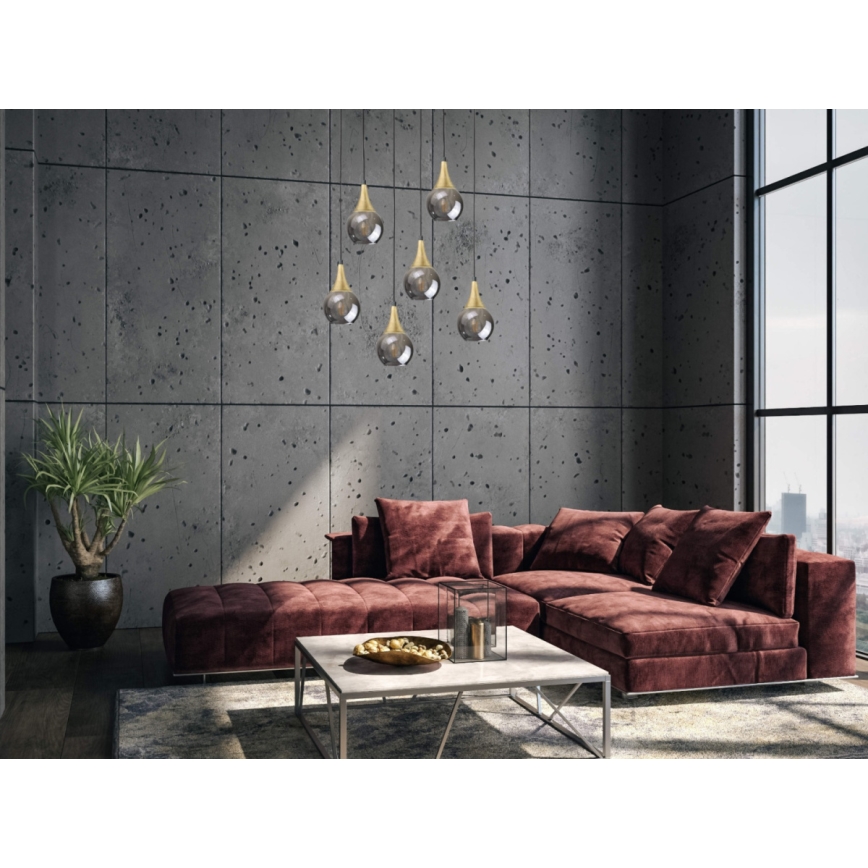 Hängeleuchte LACRIMA SMOKY 6xE27/60W/230V schwarz/golden/rauchig schwarz