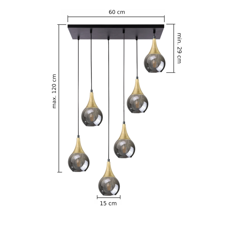 Hängeleuchte LACRIMA SMOKY 6xE27/60W/230V schwarz/golden/rauchig schwarz