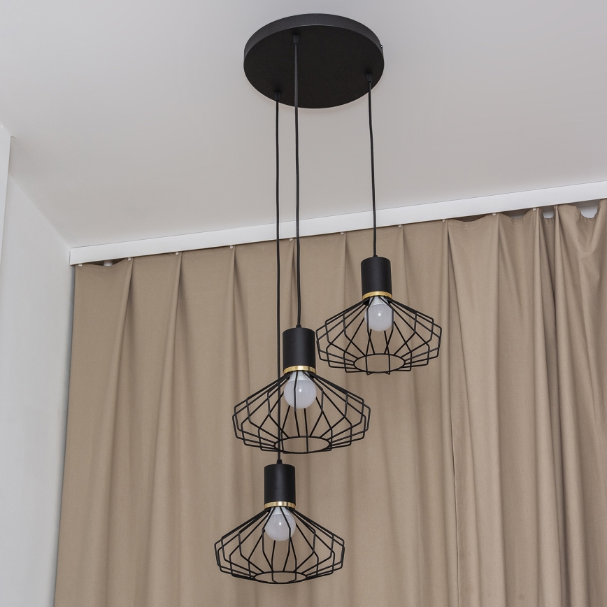 Hängeleuchte mit Kabel SOLANO 3xE27/15W/230V schwarz/gold