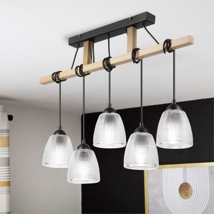 Hängeleuchte mit Kabelaufhängung LEANDRA 5xE27/15W/230V Eiche/Schwarz