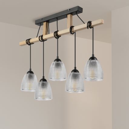 Hängeleuchte mit Kabelaufhängung LEANDRA 5xE27/15W/230V Eiche/Schwarz