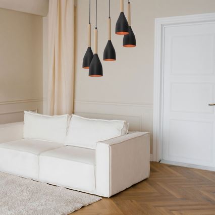 Hängeleuchte MUZA 5xE27/15W/230V schwarz/beige/kupfern/Buche