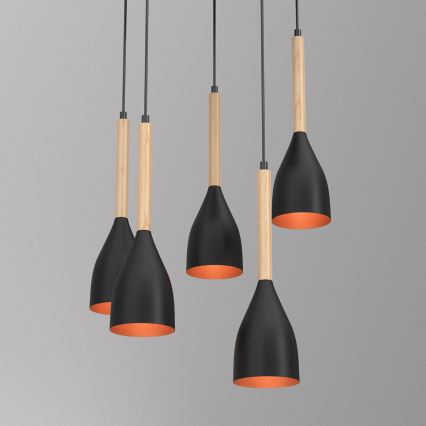 Hängeleuchte MUZA 5xE27/15W/230V schwarz/beige/kupfern/Buche