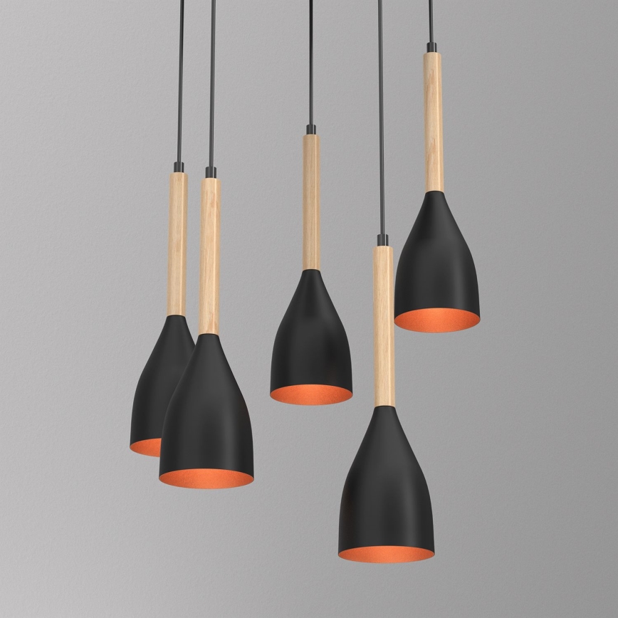 Hängeleuchte MUZA 5xE27/15W/230V schwarz/beige/kupfern/Buche