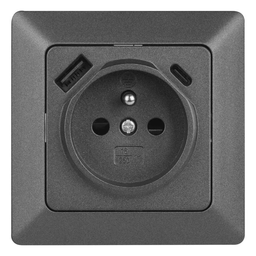 Haushaltssteckdose mit USB‑A‑ und USB‑C‑Anschluss, französischer Typ, 250 V/16 A, anthrazit