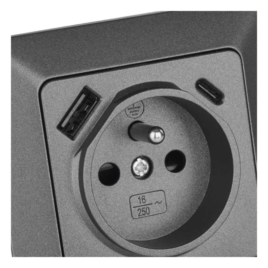 Haushaltssteckdose mit USB‑A‑ und USB‑C‑Anschluss, französischer Typ, 250 V/16 A, anthrazit