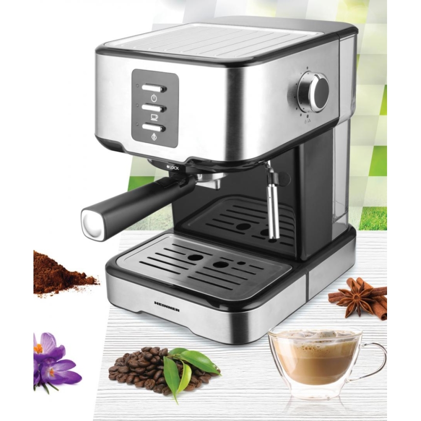 Heinner HEM-850IXBK - Siebträger-Espressomaschine, 850 W/230 V, Edelstahl/schwarz