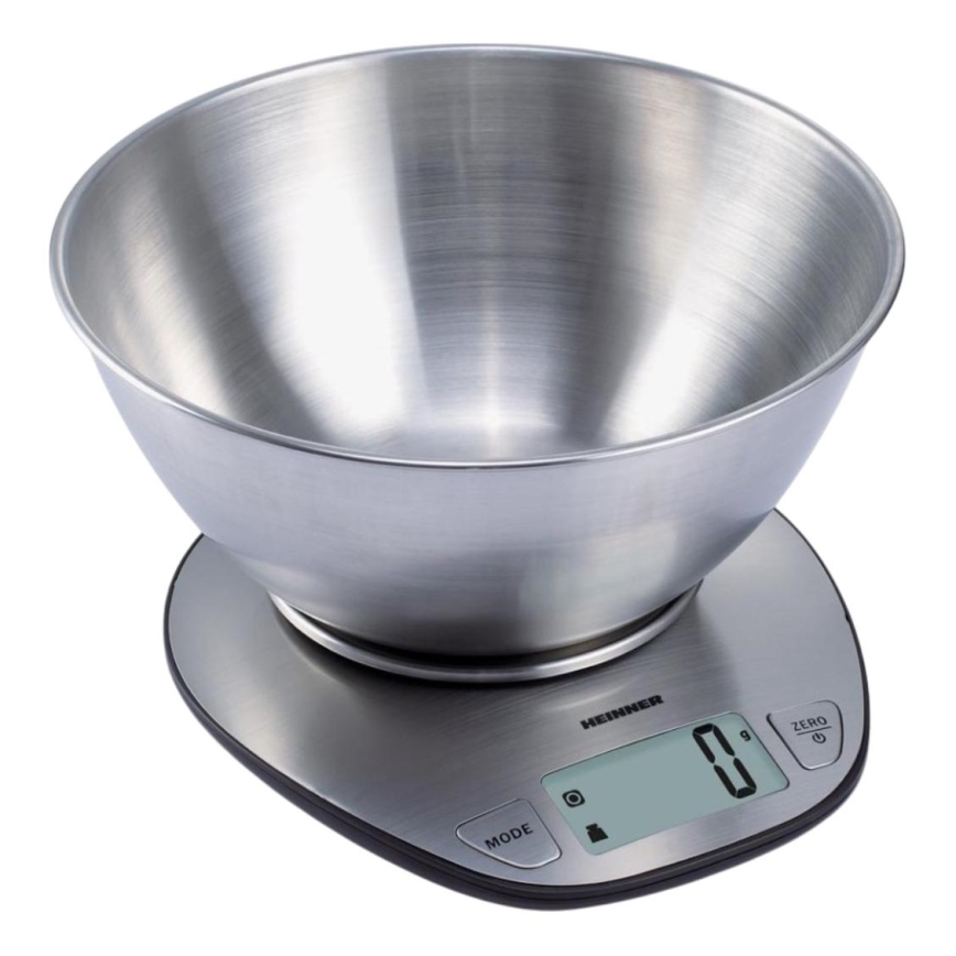 Heinner HKS-5SS - Digitale Küchenwaage mit Schüssel, 2xAAA, Edelstahl