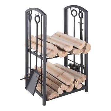 Holzkorb mit Kaminbesteck 5 Stk. schwarz