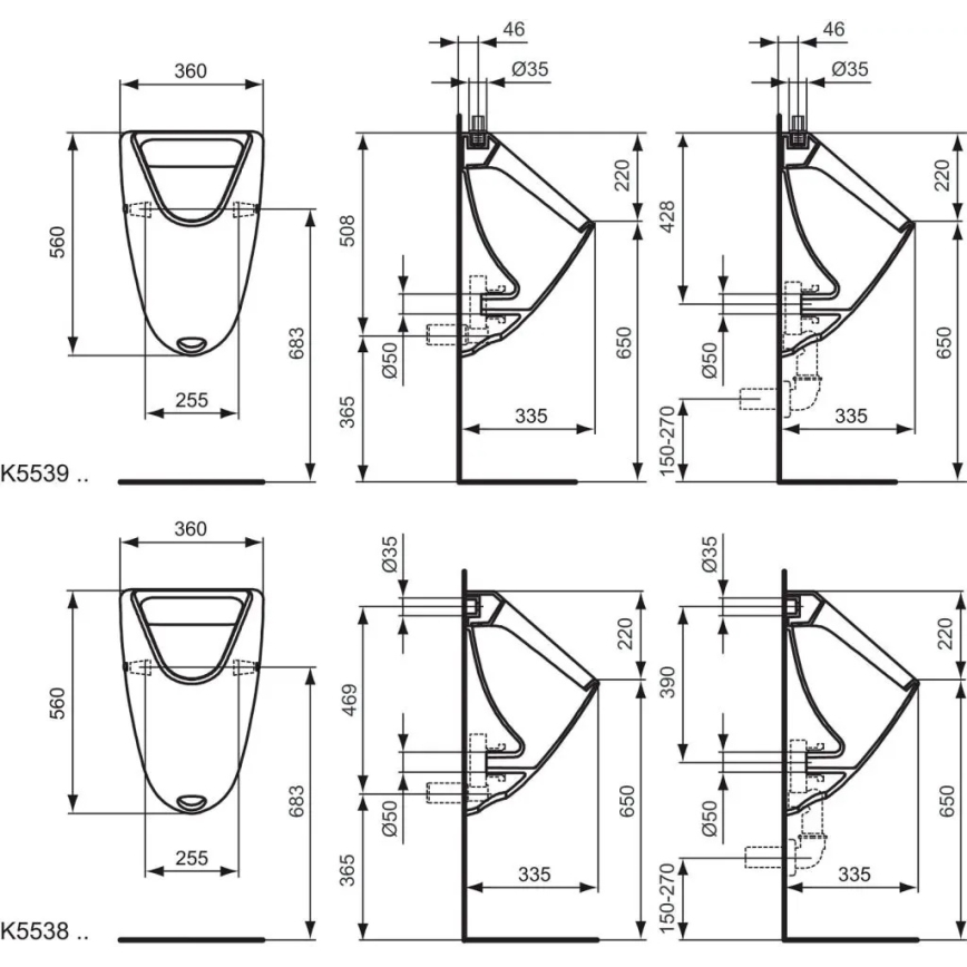 Ideal Standard K553901 - Urinal EUROVIT, oberer Wasseranschluss, rückwärtiger Ablauf, Keramik/weiß