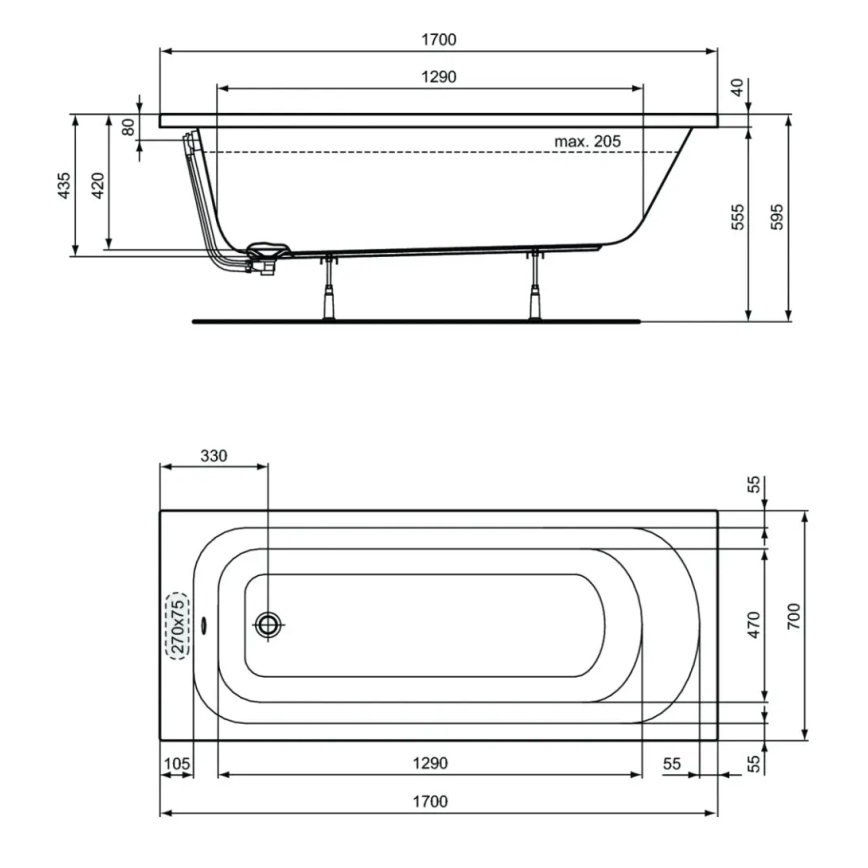 Ideal Standard W004401 - Badewanne SIMPLICITY 170x70 cm Acryl/weiß