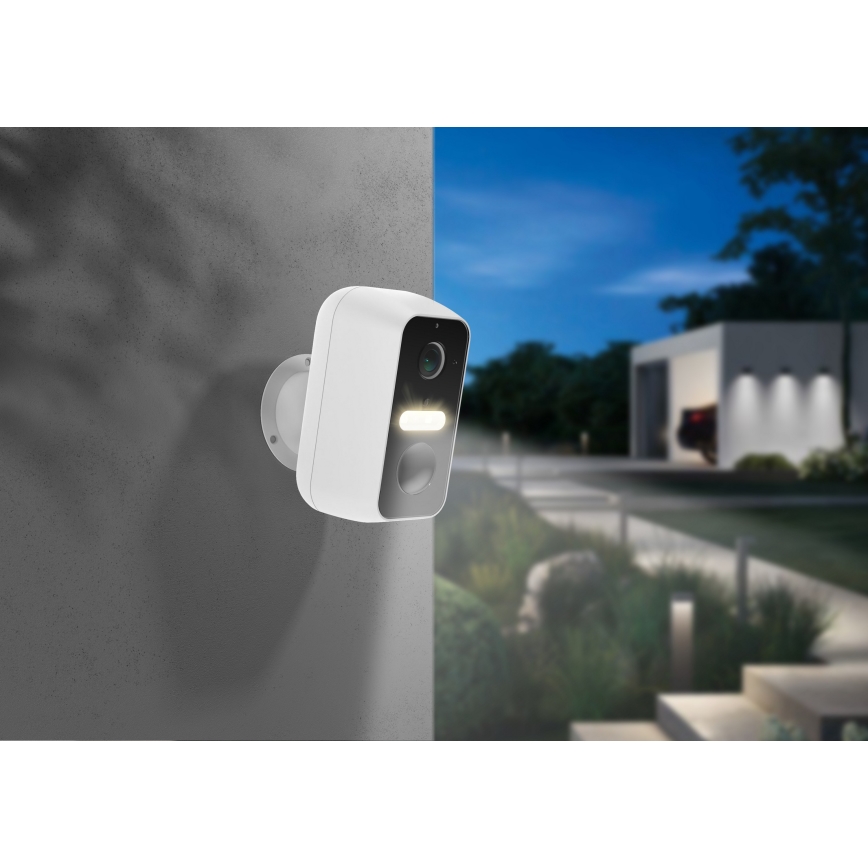 Intelligente Außenkamera mit Bewegungssensor, 2K, 9600 mAh, IP65, WLAN (Tuya), Weiß