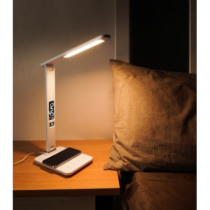 Dimmbare LED-Tischleuchte mit kabelloser QI- und USB-Ladung KINGFISHER LED/8,5W/230V weiß