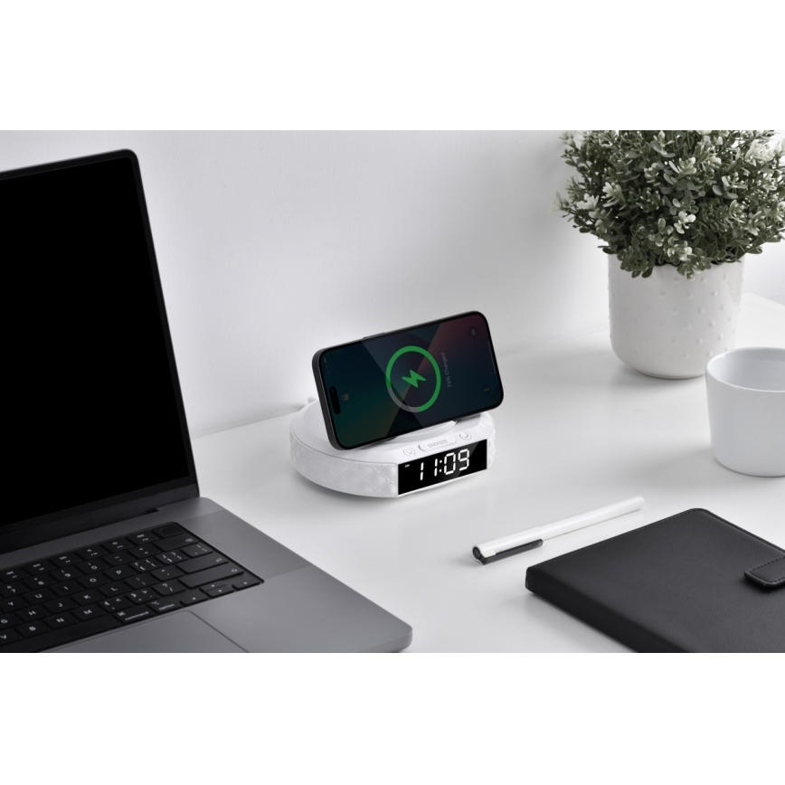 Wecker mit LCD-Anzeige und kabelloser Qi-Ladevorrichtung 27W/9V 220 mAh weiß
