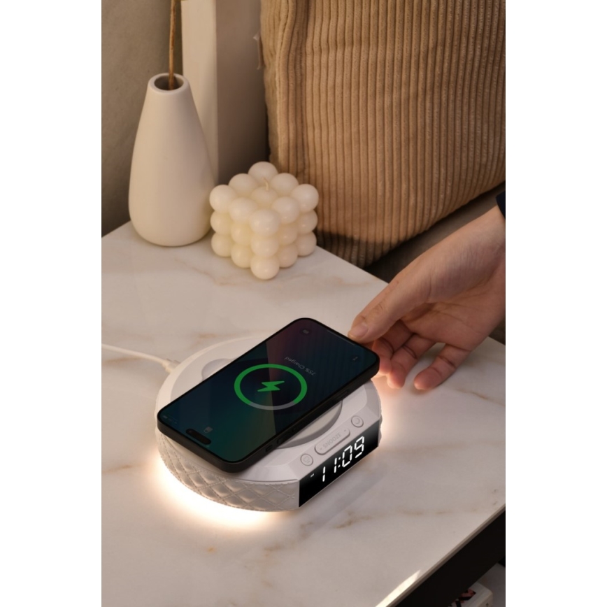 Wecker mit LCD-Anzeige und kabelloser Qi-Ladevorrichtung 27W/9V 220 mAh weiß