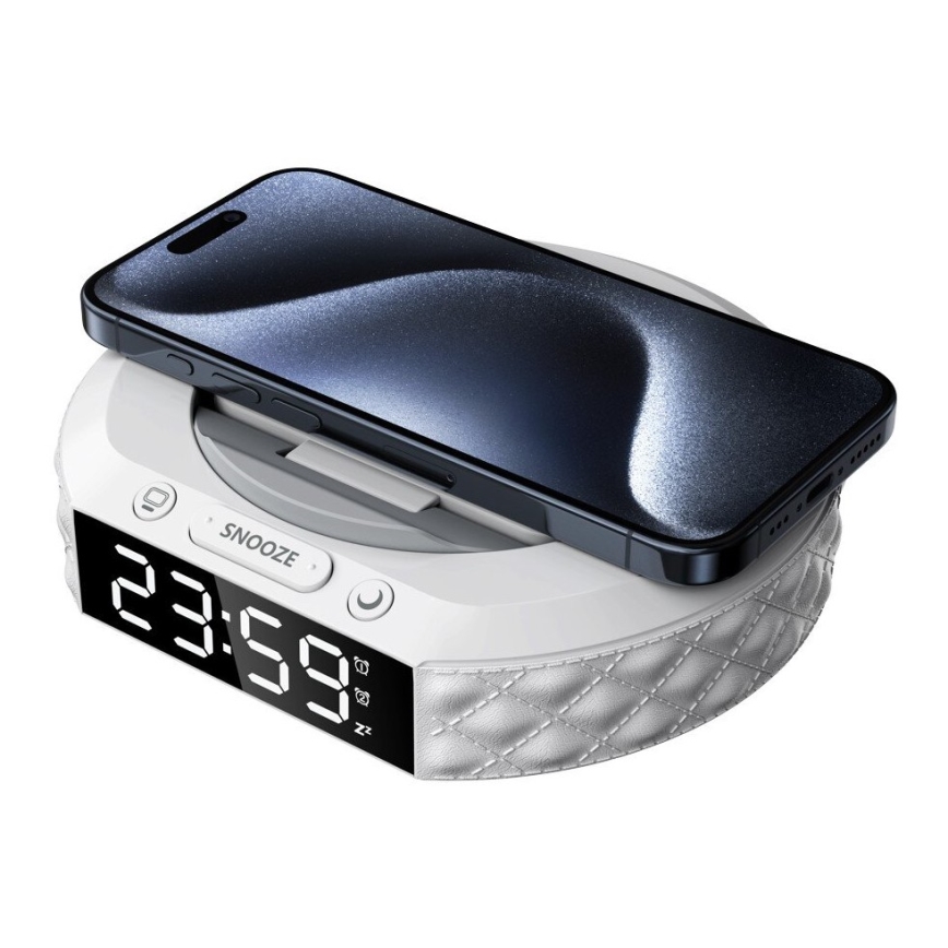 Wecker mit LCD-Anzeige und kabelloser Qi-Ladevorrichtung 27W/9V 220 mAh weiß