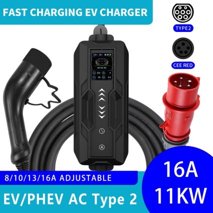 Immax - Tragbare Ladestation für Elektrofahrzeuge AC Typ 2 16A/380V 11kW + Stecker 230V, 3,7kW 5m + Tasche