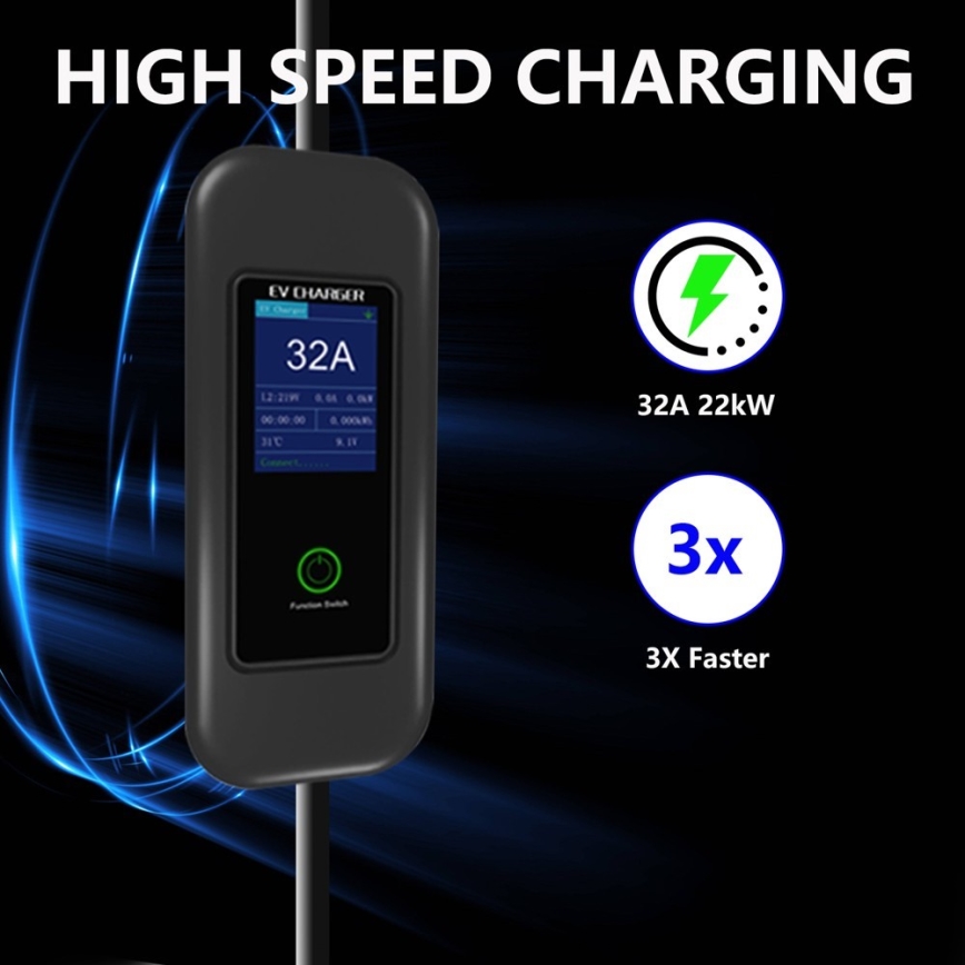 Immax - Tragbare Ladestation für Elektrofahrzeuge AC Typ 2 32A/380V 22kW + 230V-Steckdose 5m Wi-Fi Tuya