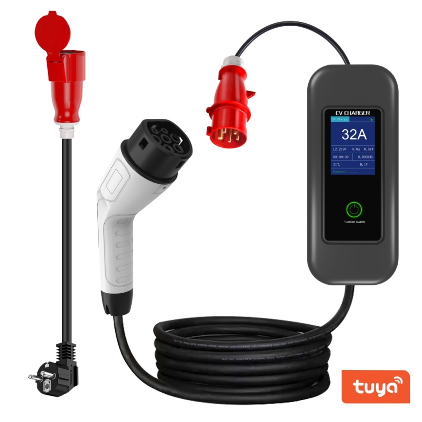 Immax - Tragbare Ladestation für Elektrofahrzeuge AC Typ 2 32A/380V 22kW + 230V-Steckdose 5m Wi-Fi Tuya