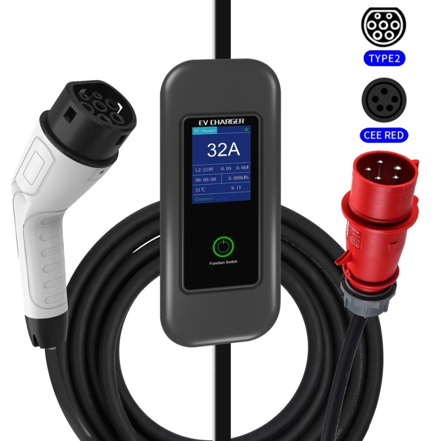 Immax - EV-Reiseladestation für Elektroautos AC Typ 2 32A/380V 22kW + Stecker 230V 5m Wi-Fi Tuya
