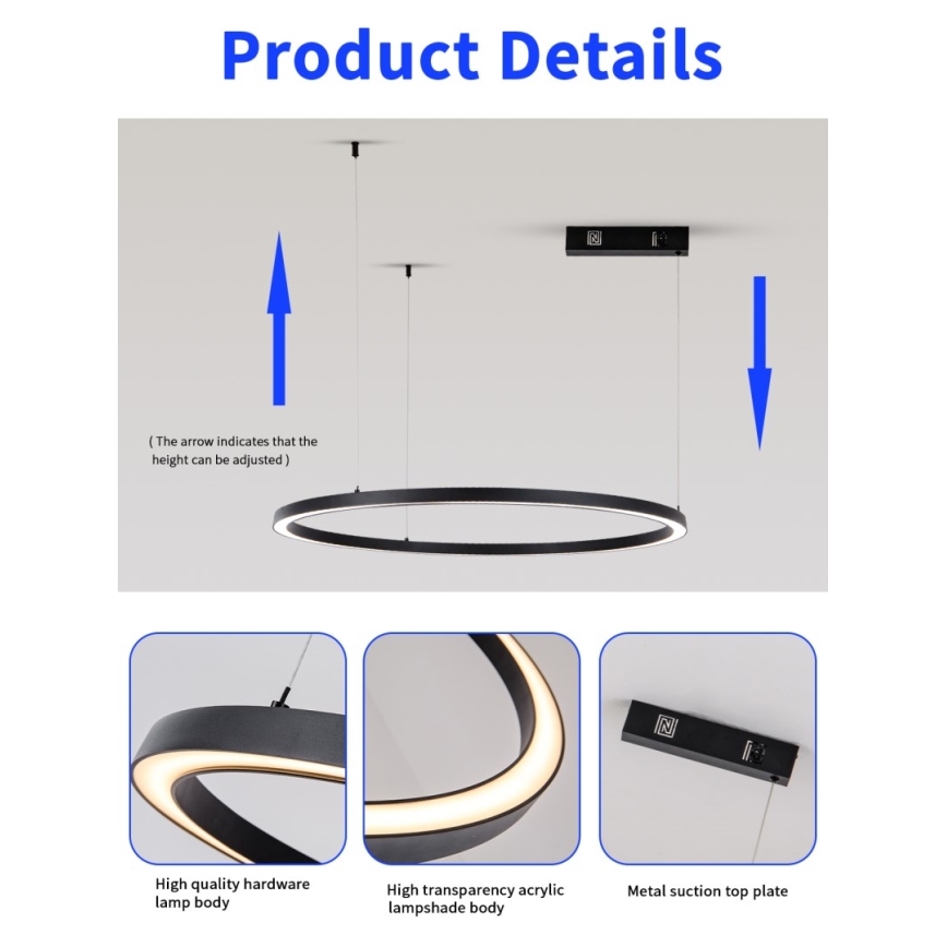 Immax NEO 07215L - Dimmbare LED-Hängeleuchte FINO LED/60W/230V 80 cm schwarz Tuya + Fernbedienung