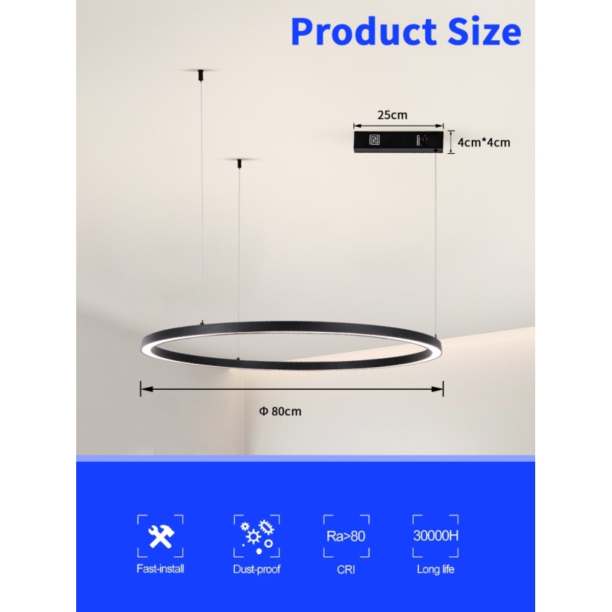 Immax NEO 07215L - Dimmbare LED-Hängeleuchte FINO LED/60W/230V 80 cm schwarz Tuya + Fernbedienung