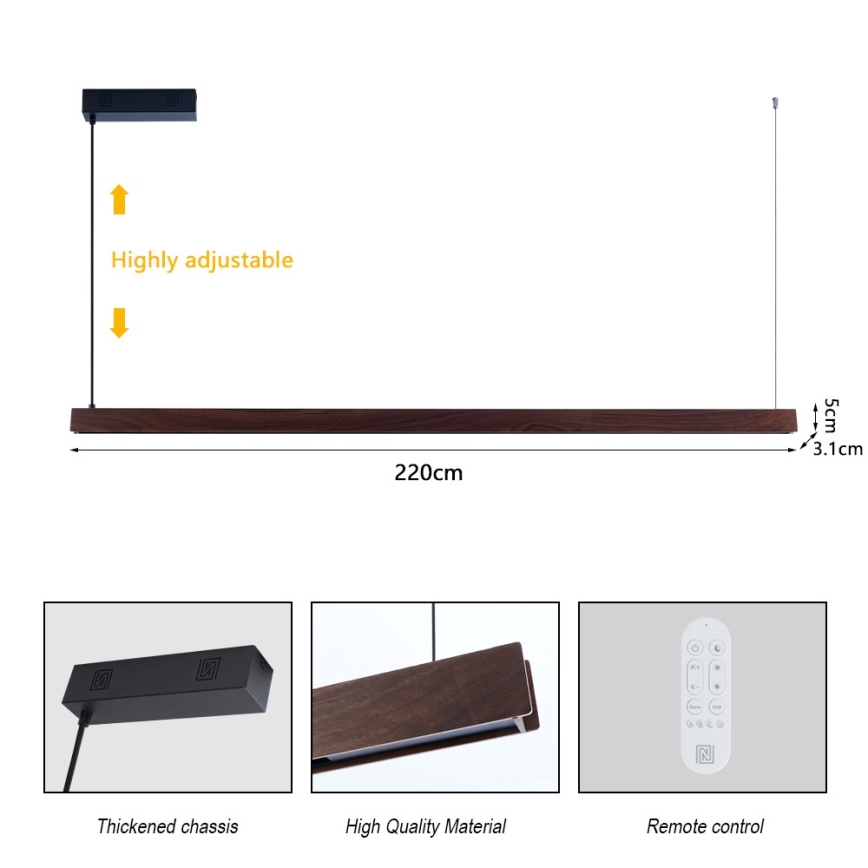 Immax NEO 07302L - LED-dimmbare Pendelleuchte an Stahlseil MADEIRA LED/44W/230V Wi-Fi Tuya 202 cm Nussbaum + mit Fernbedienung