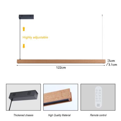 Immax NEO 07303L - dimmbare LED-Pendelleuchte mit Kabelaufhängung MADEIRA LED/26W/230V Wi-Fi Tuya 122 cm Eiche + Fernbedienung