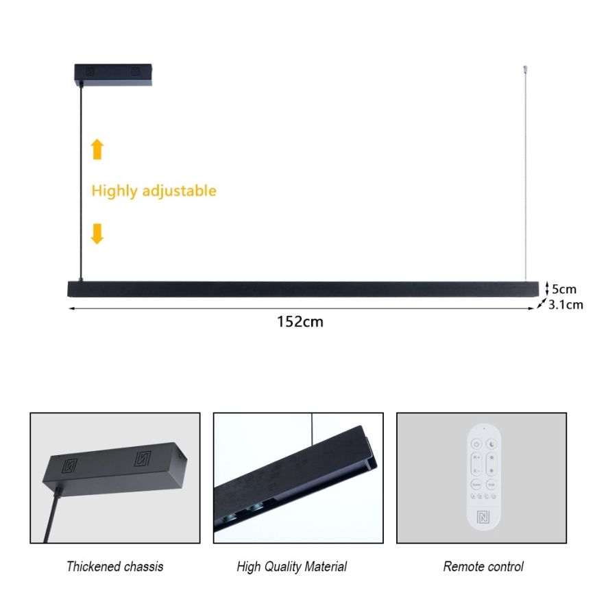 Immax NEO 07307L - dimmbare LED-Pendelleuchte mit Seilaufhängung MADEIRA LED/33W/230V Wi-Fi Tuya 152 cm schwarz + Fernbedienung