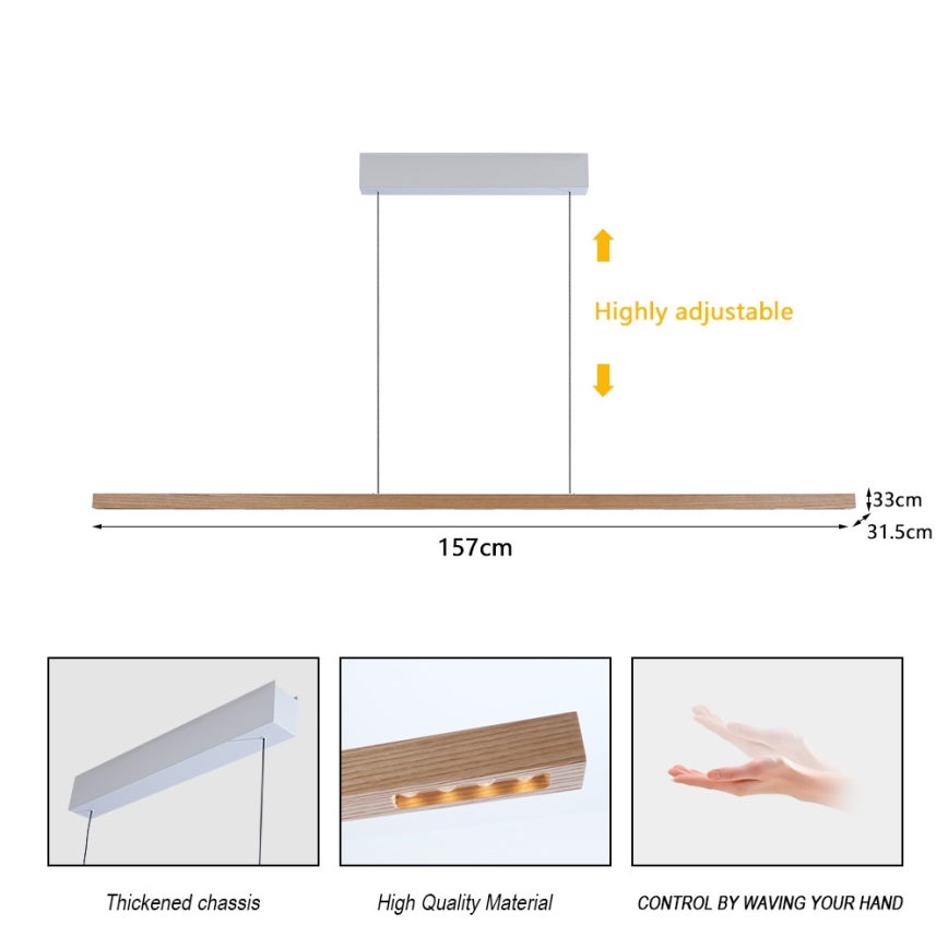Immax NEO 07310L - LED-dimmbare Pendelleuchte an Kabel mit Sensor MADEIRA LED/37W/230V 157 cm Esche