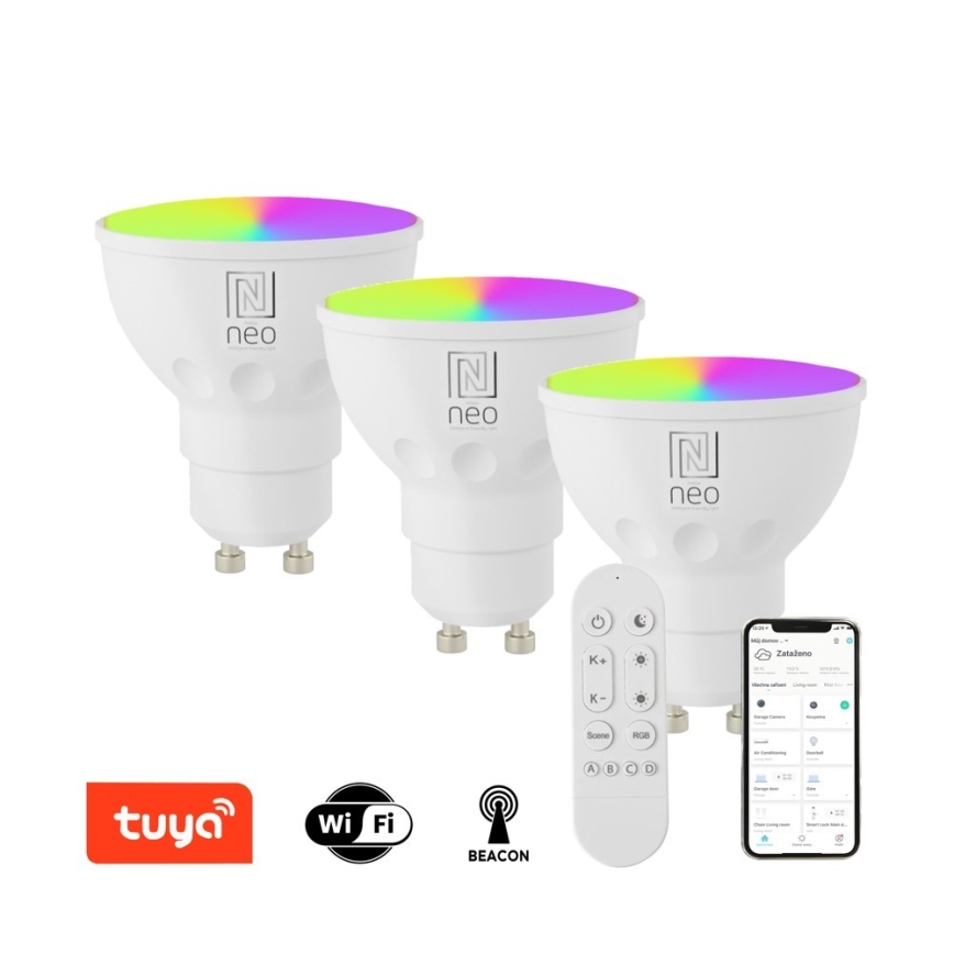 Immax NEO 07724CDO - 3er-Set LED RGB+CCT, dimmbares Leuchtmittel GU10/4,8W/230V, 2700–6500K, Wi-Fi Tuya + Fernbedienung