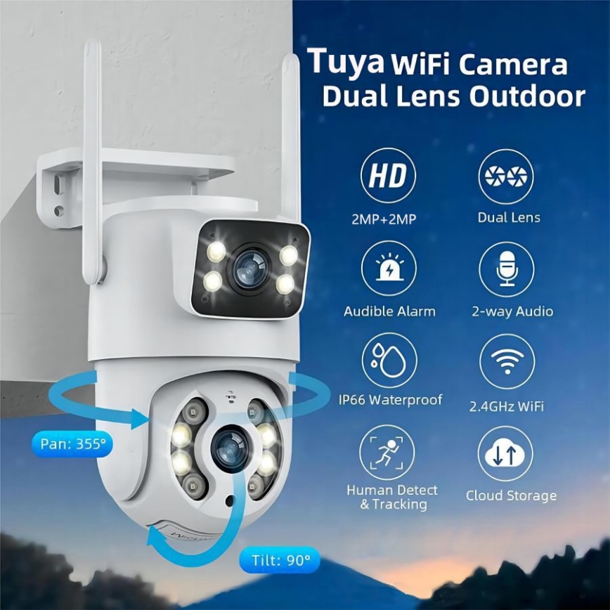 Immax NEO 07783L - Intelligente Außenkamera mit DOUBLE-Sensor 355° Schwenk-/Neigefunktion 2x2MP IP65 Wi-Fi Tuya