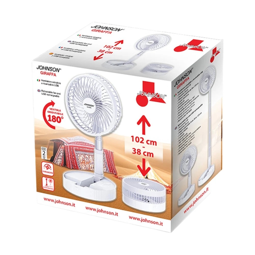 JOHNSON - Wiederaufladbarer Tischventilator GIRAFFA 5W/3,7V 1200 mAh Ø 20 cm weiß