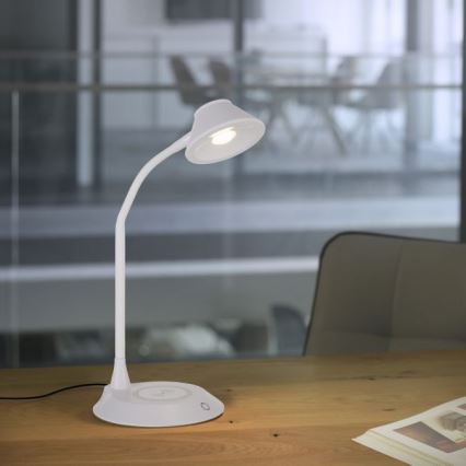 JUST LIGHT. 14414-16 - Dimmbare, flexible Touch-Tischlampe mit PUCKI induktivem Ladegerät, 4,5W, 230V in Weiß