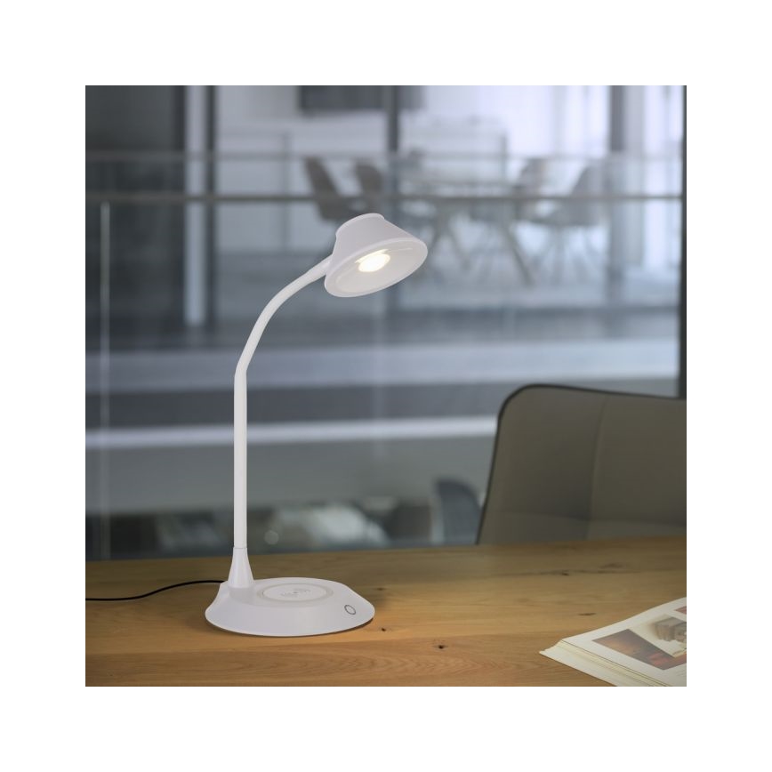 JUST LIGHT. 14414-16 - Dimmbare, flexible Touch-Tischlampe mit PUCKI induktivem Ladegerät, 4,5W, 230V in Weiß