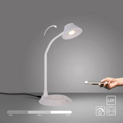 JUST LIGHT. 14414-16 - Dimmbare, flexible Touch-Tischlampe mit PUCKI induktivem Ladegerät, 4,5W, 230V in Weiß