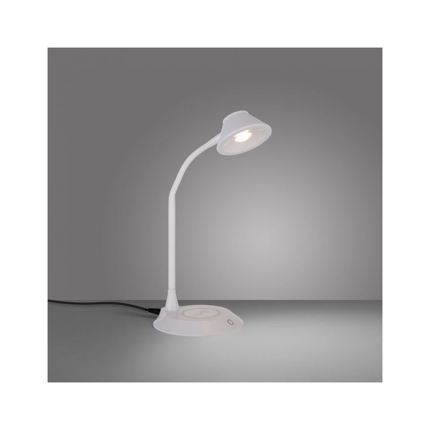 JUST LIGHT. 14414-16 - Dimmbare, flexible Touch-Tischlampe mit PUCKI induktivem Ladegerät, 4,5W, 230V in Weiß