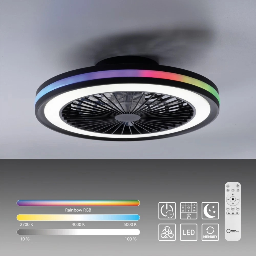 JUST LIGHT. 14649-18 - LED RGBW dimmbarer Deckenventilator mit Licht BRANDON LED/36W/230V 2700-5000K Ø 46,5 cm schwarz + Fernbedienung