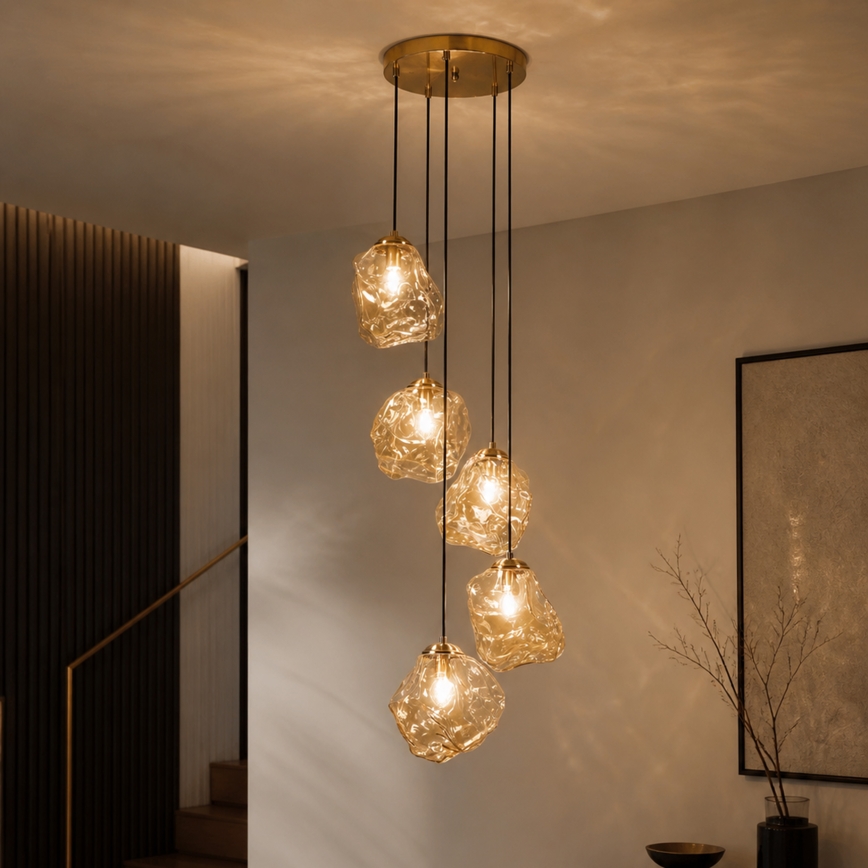 Kabel-Pendelleuchte CRISTAL 5xE14/15W/230V Messing/rauchbeige