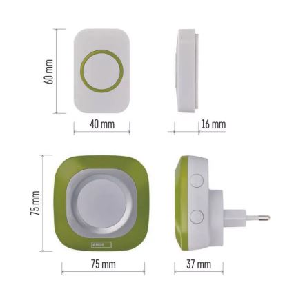 Kabellose Steckdosen-Türklingel 230V + 1xCR2032 IP44 grün