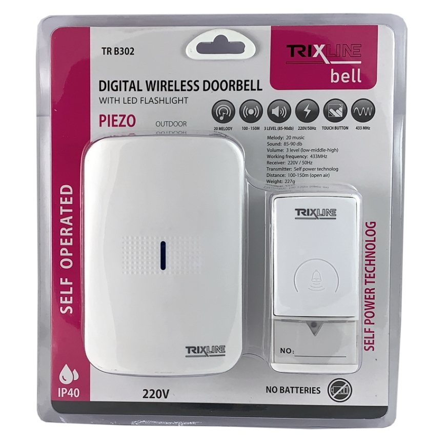 Kabellose Steckdosenklingel PIEZO BELL 230V + 1x23A IP40 Weiß