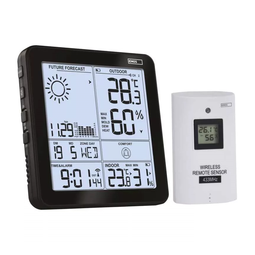 Kabellose Wetterstation mit Wecker 3xAA + 2xAAA schwarz