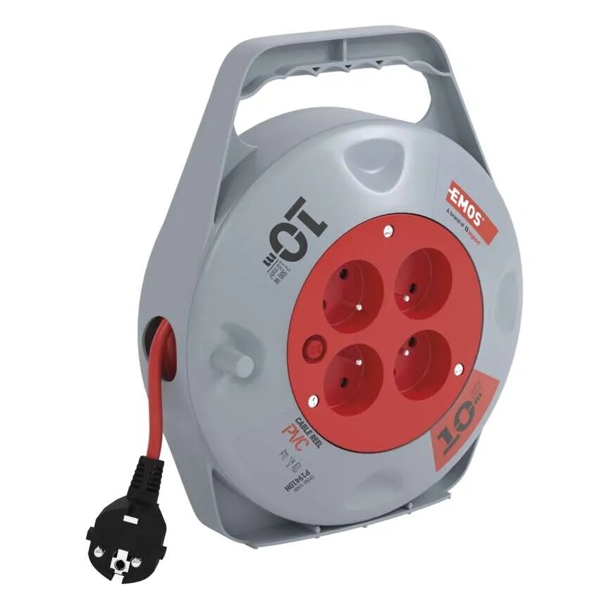 Kabeltrommel mit 4 Steckdosen, 10 m, grau/rot
