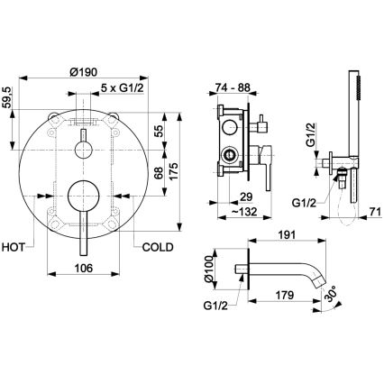 KFA Armatura 5039-401-81 - Badewannengarnitur mit Unterputz-Armatur MOZA matt schwarz