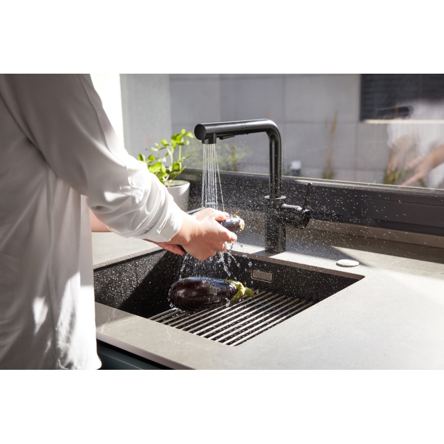KFA Armatura 6623-110-81 - Wasserhahn/Armatur mit ausziehbarer Sprühvorrichtung DUERO BASIC Edelstahl/matt schwarz