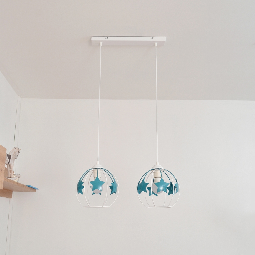 Kinder-Pendelleuchte an Schnur STARS 2xE27/15W/230V türkisfarben/weiß