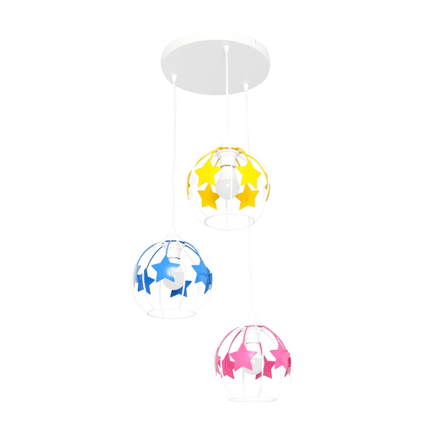 Kinder-Pendelleuchte an Schnur STARS 3xE27/15W/230V blau/rosa/gelb